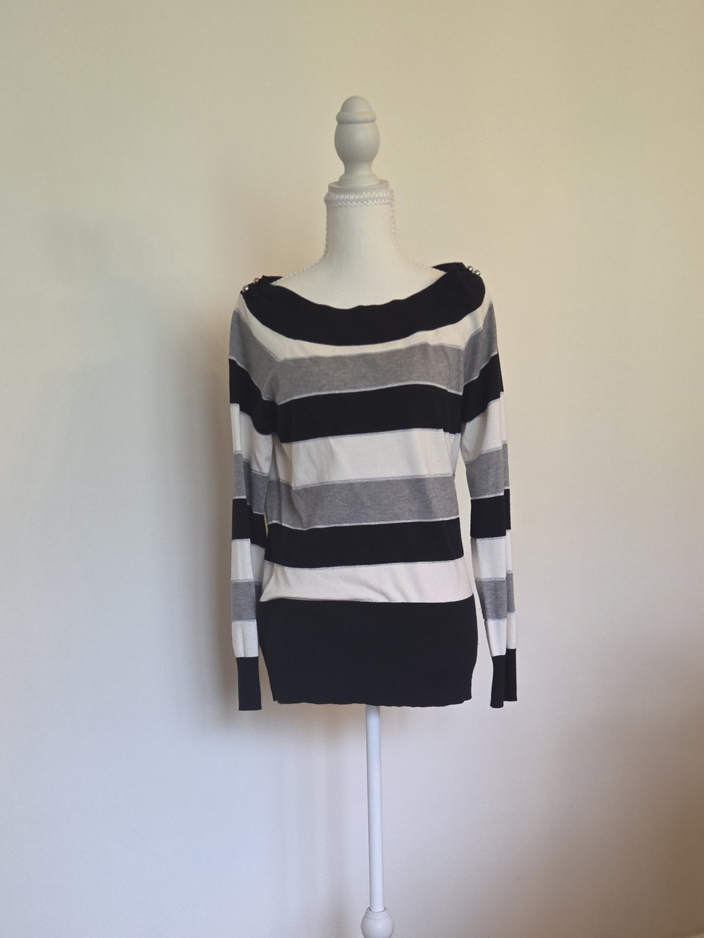 White House Black Market Black, Gray and White Striped Boatneck Sweater